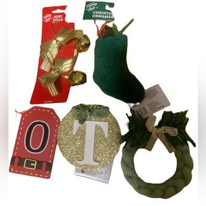 Gold and Green Holiday Ornaments Set with Wreath
